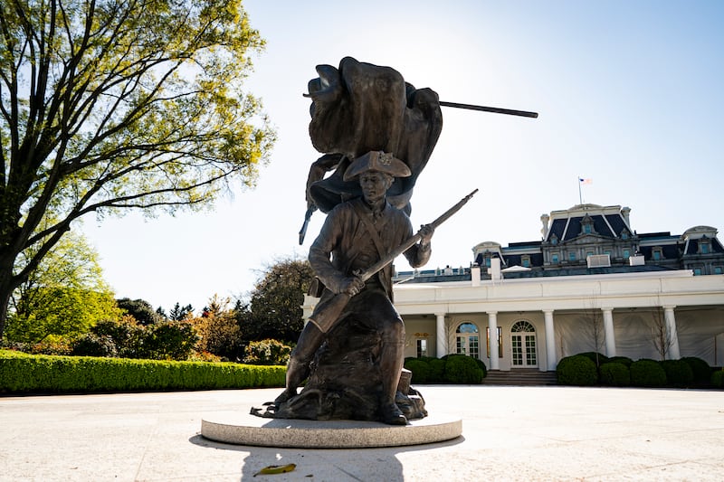 WASHINGTON, DC - APRIL 10: "Freedom's Charge," a bronze sculpture by Chas Fagan, depicting the Revolutionary War, stands in the Rose Garden of the White House, on Friday, April 10, 2026 in Washington, DC. President Donald Trump is traveling to his winery in Charlottesville, Virginia. (Photo by Al Drago for The Washington Post via Getty Images)