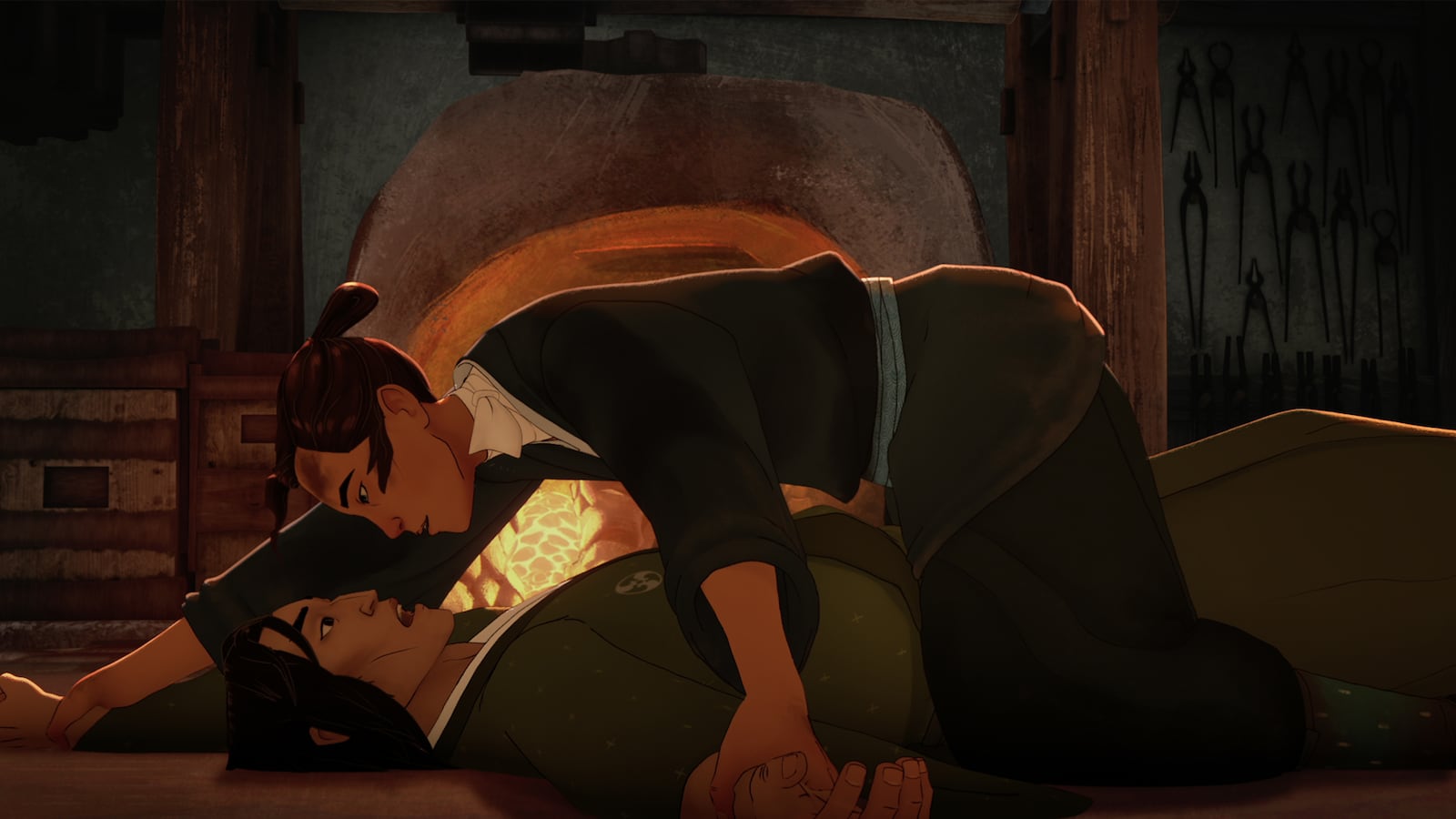 Darren Barnet as Taigen and Maya Erskine as Mizu in Blue Eye Samurai.