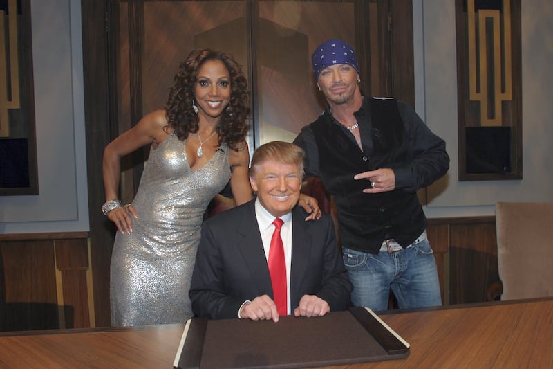 Holly Robinson Peete, Donald Trumpo and Bret Michaels pose during the Celebrity Apprentice live season finale  on May 16, 2010 in New York City.