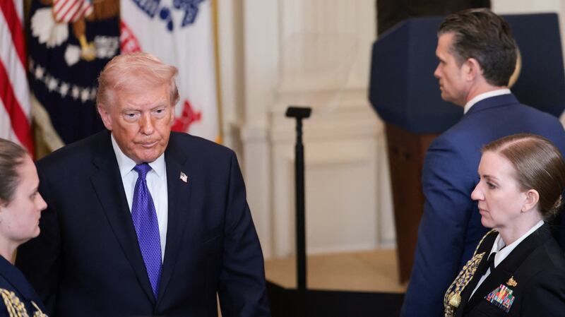 U.S. President Donald Trump and U.S. Secretary of Defense Pete Hegseth attend a Medal of Honor ceremony at the White House in Washington, D.C., U.S., March 2, 2026.