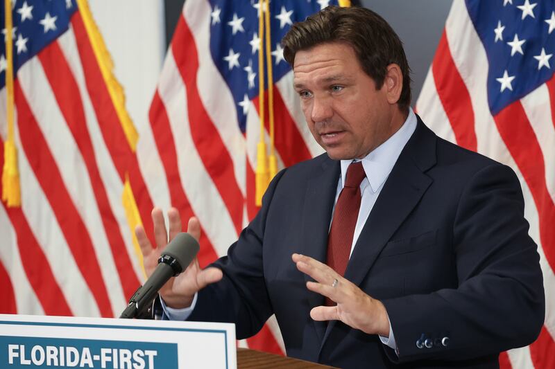 Florida Gov. Ron DeSantis speaks about his proposal for Florida to become the first state to abolish property taxes during a news conference at the Florida REALTORS headquarters in Orlando, Florida, on March 31, 2025. (Rich Pope/Orlando Sentinel/Tribune News Service via Getty Images)