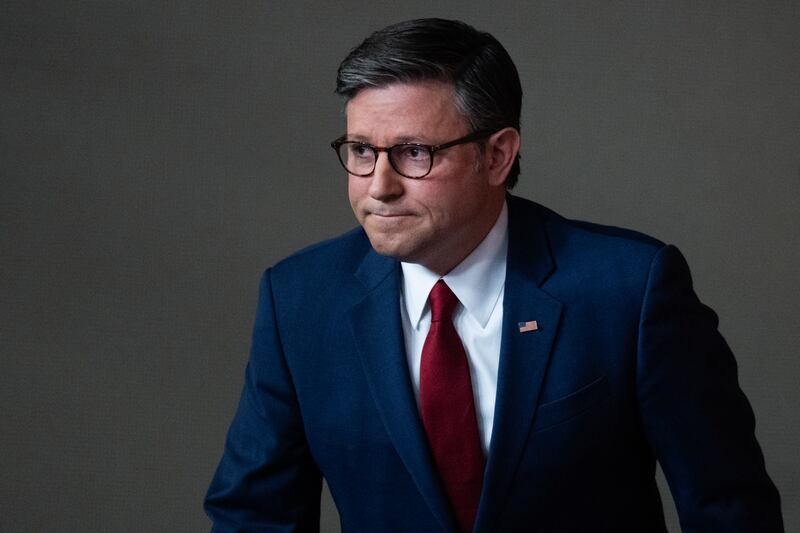 Speaker of the House Mike Johnson, R-La., arrives to brief the media on the timeline to possibly end the government shutdown in the Capitol Visitor Center on Monday, November 10, 2025.