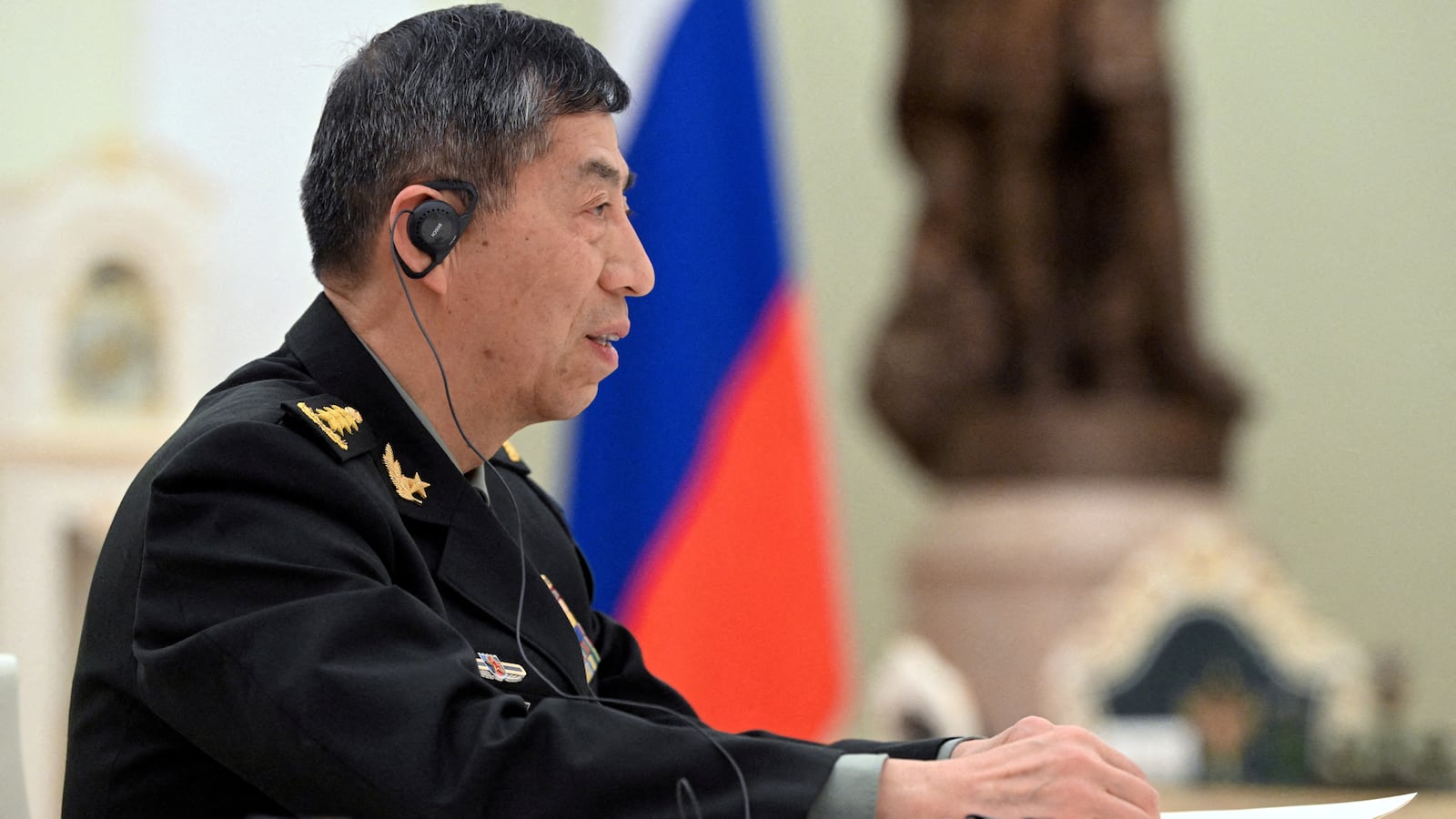 Chinese Defense Minister Li Shangfu attends a meeting with Russian President Vladimir Putin in Moscow in April 2023..