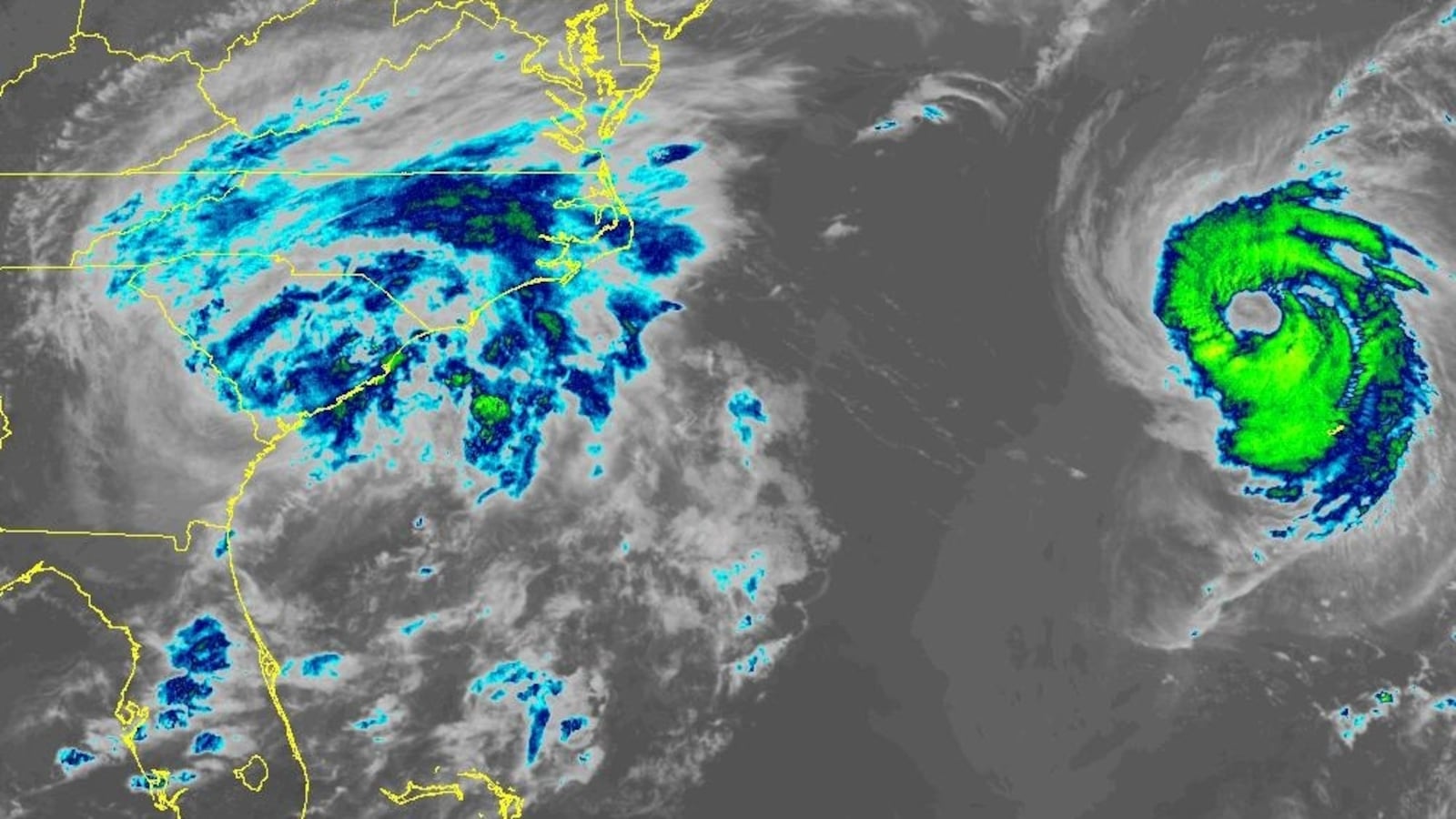 Satellite footage of Tropical Storm Idalia passing over Georgia into South Carolina.