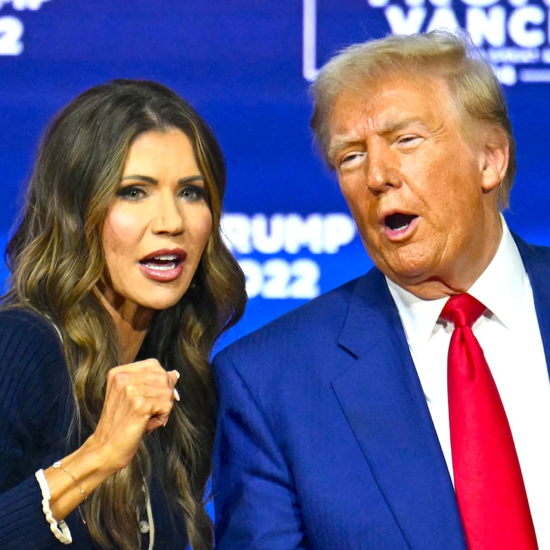 Donald Trump and Kristi Noem during a town hall at the Greater Philadelphia Expo Center and Fairgrounds in Oaks, Pennsylvania, on October 14, 2024.