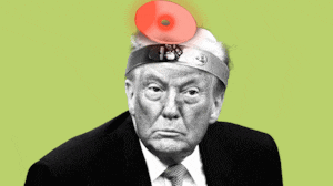 Illo illustration of Donald Trump wearing a doctor medical head reflector light that looks like a red flashing alarm