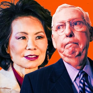 A photo illo illustration of Elaine Chao and Mitch McConnell.