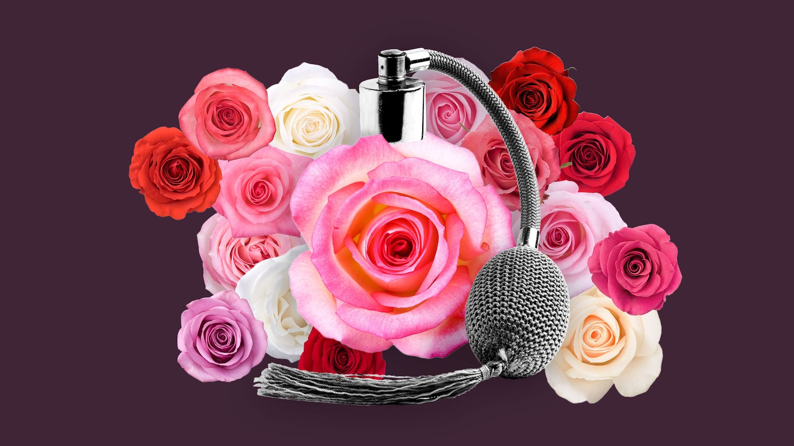 Bottle of perfume with roses around it