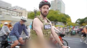 Jordan Klepper Fingers the Pulse, Klepper at naked bike rally