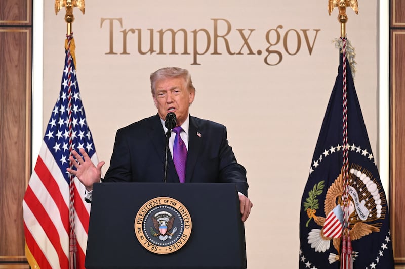 President Donald Trump speaks to introduce the new TrumpRx website on February 5, 2026, which was created to help consumers find discounted prescription drugs directly through drugmakers' sites.