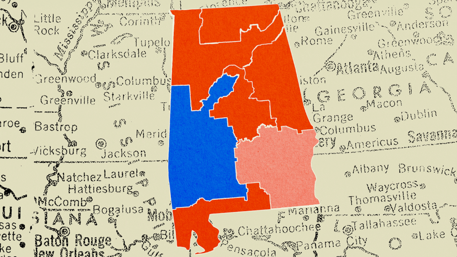 illo illustration of two congressional maps of Alabama fading back and forth