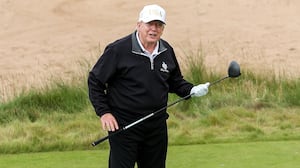 BALMEDIE,SCOTLAND - JULY 29: U.S. President Donald Trump tees off after opening his new golf course at his Trump International Golf links resort on July 29, 2025 in Balmedie, Scotland. U.S. President Donald Trump is visiting his Trump Turnberry golf course, as well as Trump International Golf Links in Aberdeenshire, during a brief visit to Scotland from July 25 to 29. (Photo by Jeff J Mitchell/Getty Images)