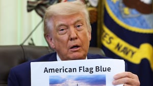 WASHINGTON, DC - JUNE 03: U.S. President Donald Trump displays a rendering of his proposed renovations to the Lincoln Memorial Reflecting Pool during an event in the Oval Office of the White House on June 03, 2026 in Washington, DC. The landmark is being painted as part of President Trump's efforts to repair Washington D.C. in preparation for the Nation's 250th birthday. (Photo by Kevin Dietsch/Getty Images)