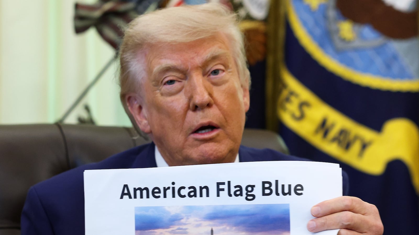 WASHINGTON, DC - JUNE 03: U.S. President Donald Trump displays a rendering of his proposed renovations to the Lincoln Memorial Reflecting Pool during an event in the Oval Office of the White House on June 03, 2026 in Washington, DC. The landmark is being painted as part of President Trump's efforts to repair Washington D.C. in preparation for the Nation's 250th birthday. (Photo by Kevin Dietsch/Getty Images)