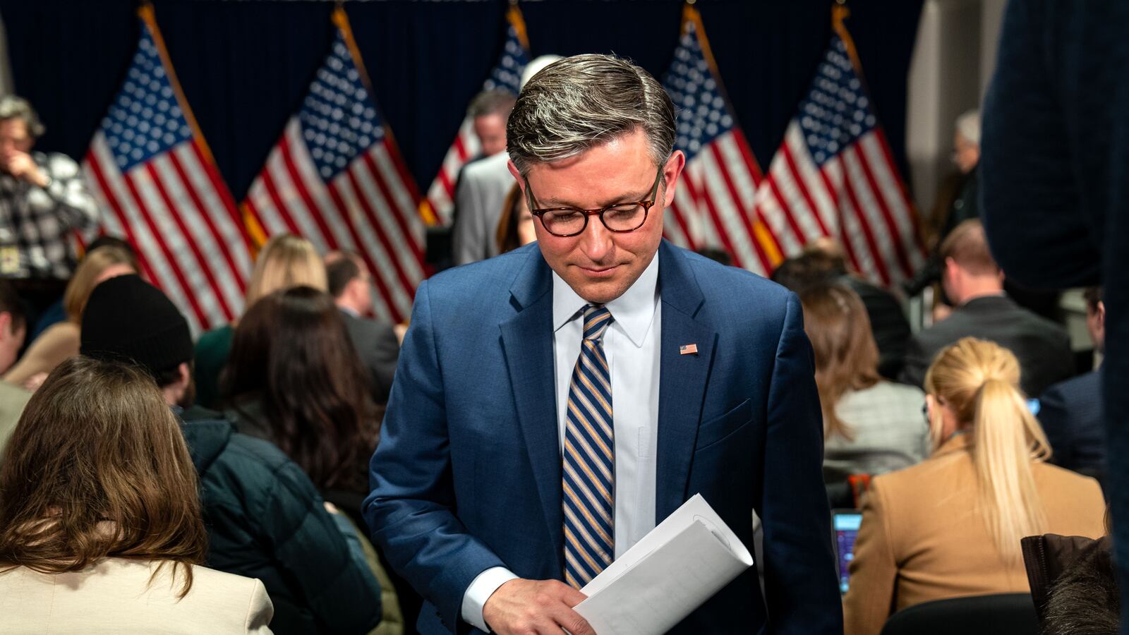 Speaker of the House Mike Johnson prepares to depart a news conference on Capitol Hill on January 22, 2025 in Washington, DC.