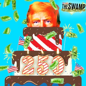 A photo illo illustration of Donald Trump's head coming out of a USA 250th anniversary cake and money flying for The Swamp.