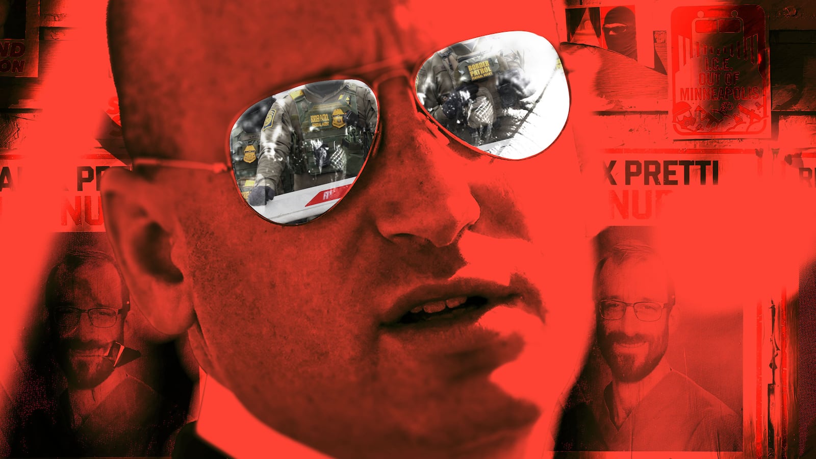 Illo illustration of Stephen Miller with posters of Alex Pretti behind him, all with a red filter, with images of DHS and ICE in Miller's glasses