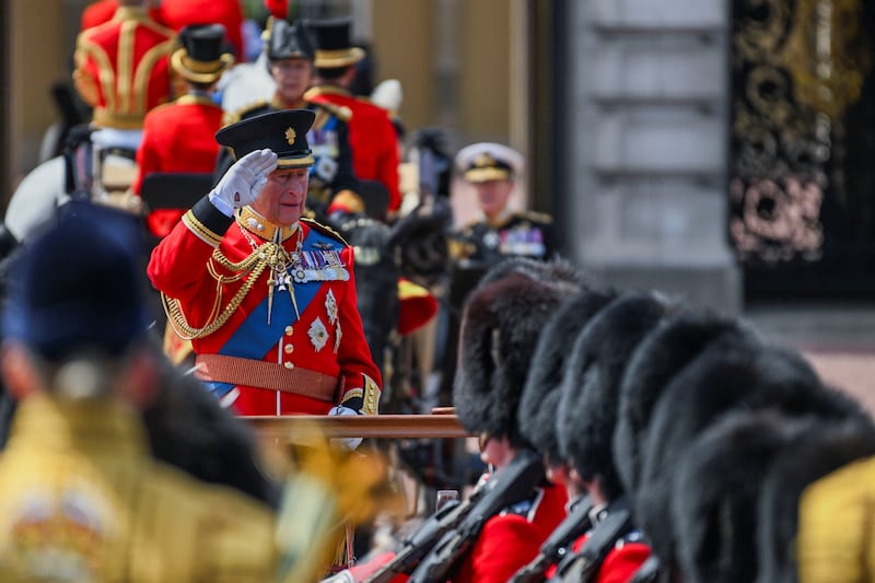 Britain's King Charles attends the Trooping the Colour parade to honour him, as part of the official birthday celebrations, in London, Britain, June 13, 2026. REUTERS/Chris J. Ratcliffe