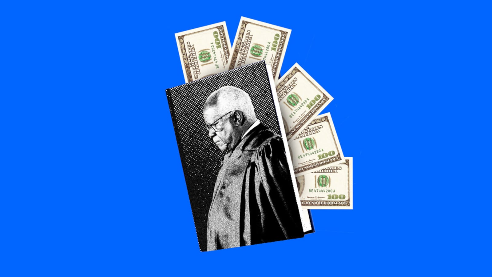 A photo illustration of Clarence Thomas on a book stuffed with hundred dollar bills