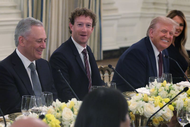 White House “AI and Crypto Czar” David Sachs, Meta CEO Mark Zuckerberg, and President Donald Trump during a dinner at the State Dining Room of the White House on September 4, 2025.