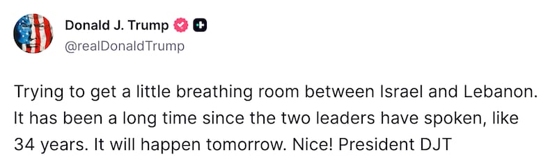 Trump Truth Social post about Israel and Lebanon