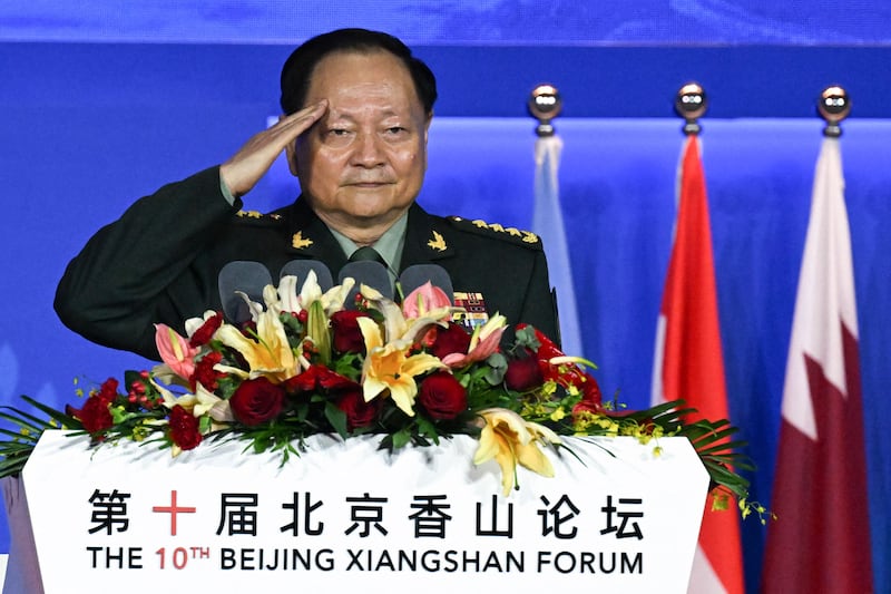 China's Vice Chairman of the Central Military comission Zhang Youxia salutes as he attends the Xiangshan Forum in Beijing on October 30, 2023. Beijing says representatives of 90 countries are taking part in this week's Xiangshan Forum, a gathering of military and diplomatic officials billed as its answer to the annual Shangri-La Dialogue in Singapore. (Photo by Pedro PARDO / AFP) / "The erroneous mention[s] appearing in the metadata of this photo by Pedro PARDO has been modified in AFP systems in the following manner: [correcting name to Zhang Youxia] instead of [Zhang Youxian]. Please immediately remove the erroneous mention[s] from all your online services and delete it (them) from your servers. If you have been authorized by AFP to distribute it (them) to third parties, please ensure that the same actions are carried out by them. Failure to promptly comply with these instructions will entail liability on your part for any continued or post notification usage. Therefore we thank you very much for all your attention and prompt action. We are sorry for the inconvenience this notification may cause and remain at your disposal for any further information you may require." (Photo by PEDRO PARDO/AFP via Getty Images)