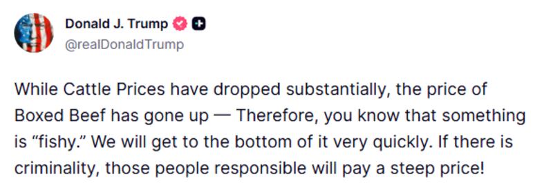President Donald Trump talks about the price of beef on Truth Social.