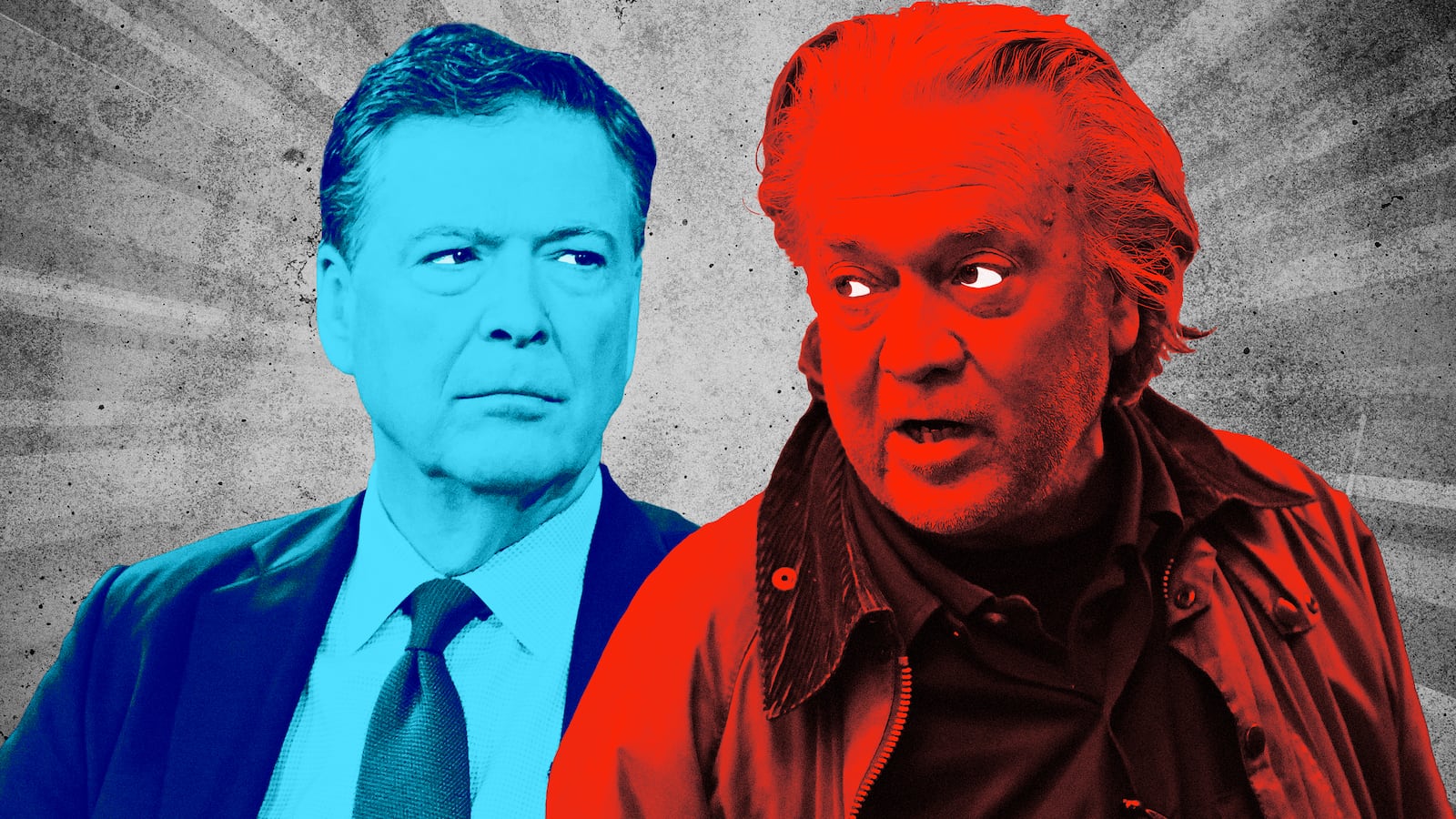 A photo illustration of James Comey and Steve Bannon.