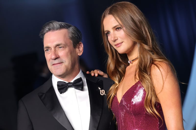 Jon Hamm and Anna Osceola attend the Academy Museum 5th Annual Gala in Partnership with Rolex at Academy Museum of Motion Pictures on October 18, 2025 in Los Angeles, California. (Photo by Emma McIntyre/Oscars/Getty Images for Academy Museum of Motion Pictures)