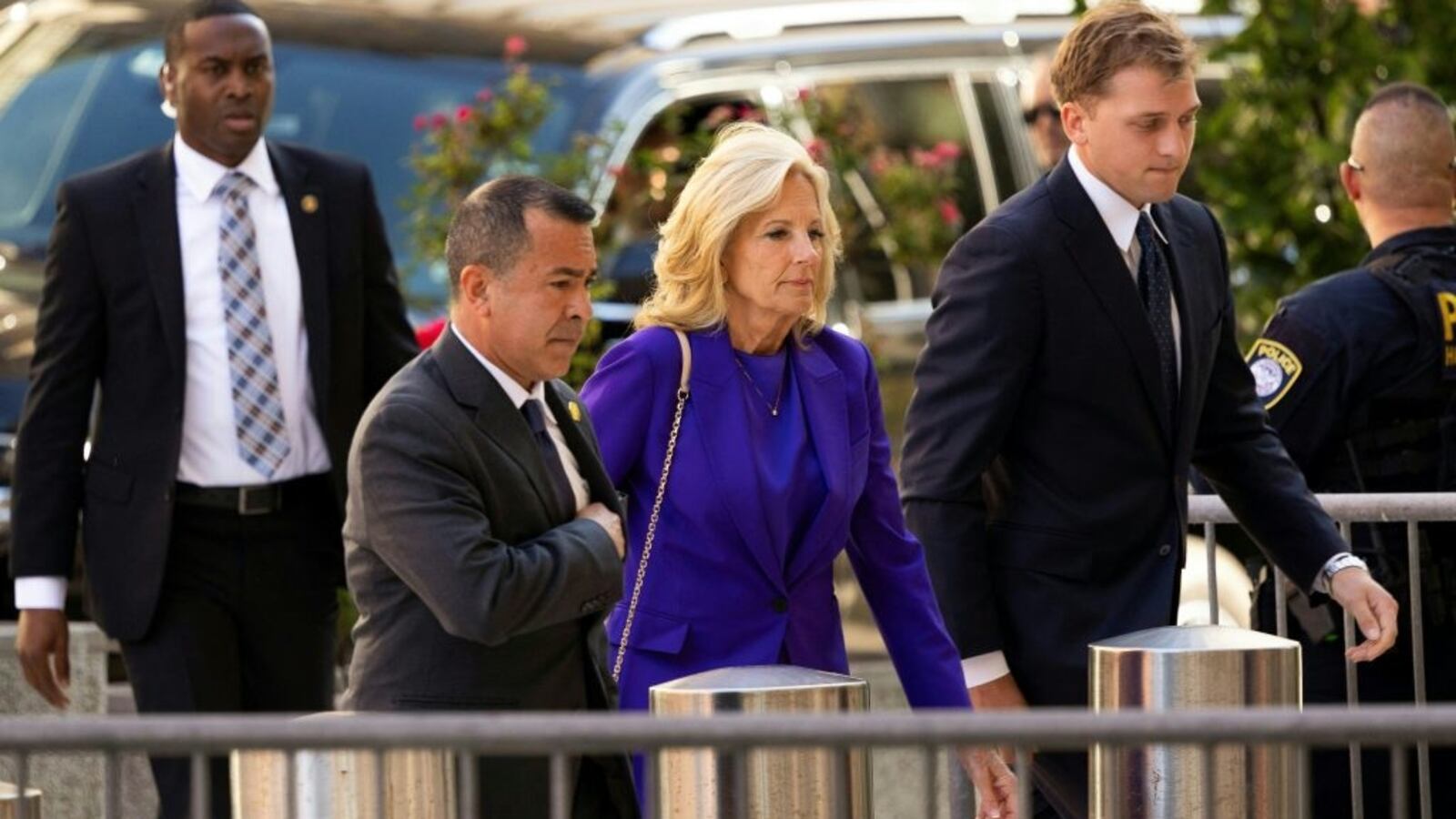 First Lady Jill Biden arrives at the J. Caleb Boggs Federal Building for the trial of her son Hunter Biden, on June 3, 2024 in Wilmington, Delaware.