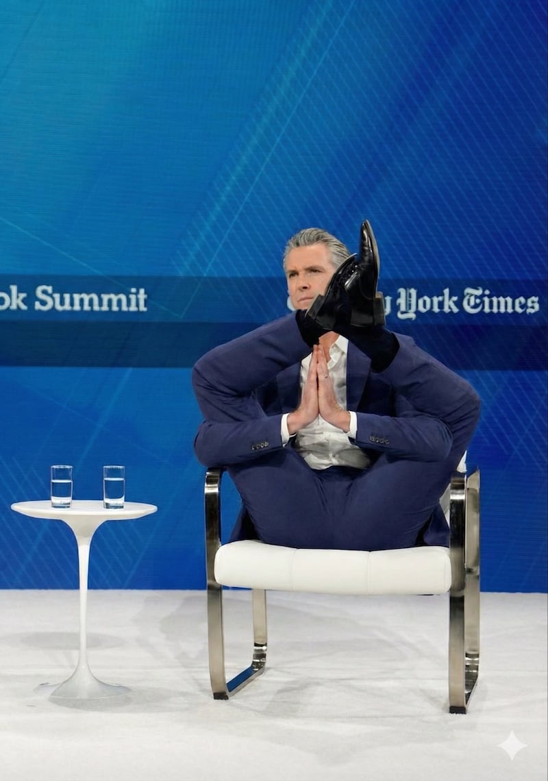 Gavin Newsom sitting in a bizarre pose.