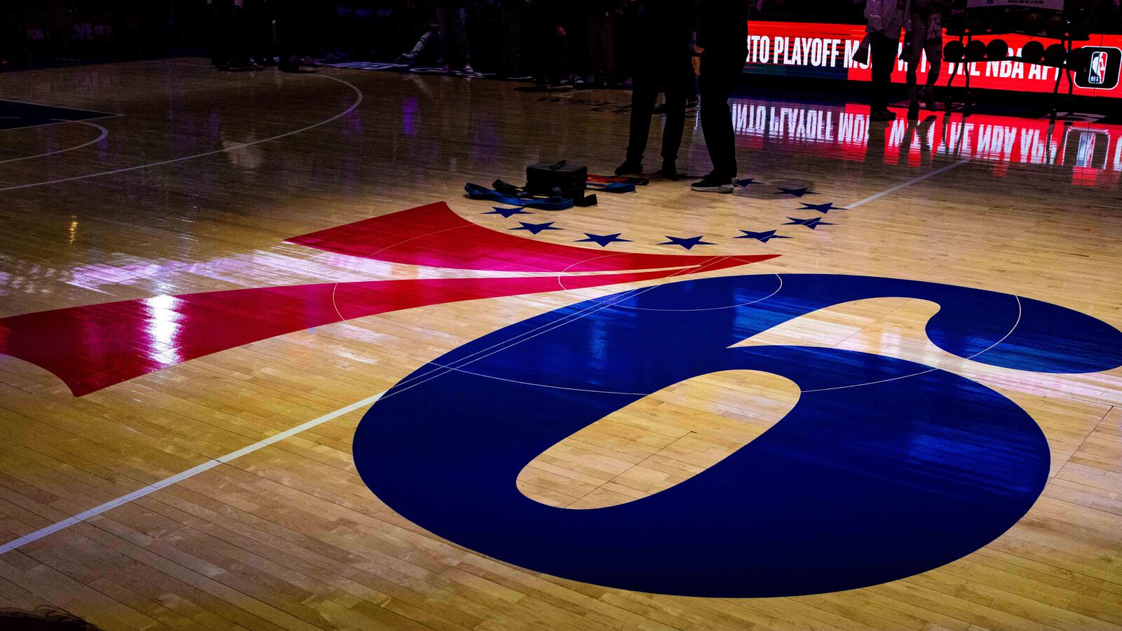 General view of center court with the Philadelphia 76ers logo