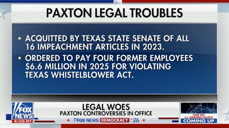 Fox News air Ken Paxton's legal issues while interviewing him.