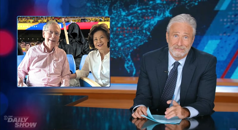 The Daily Show, Jon Stewart sharing joke image of McConnell followed by Grim Reaper