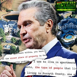 A photo illustration of Rick Jackson, his Georgia estate, and court documents for The Swamp Midterm Meltdown.