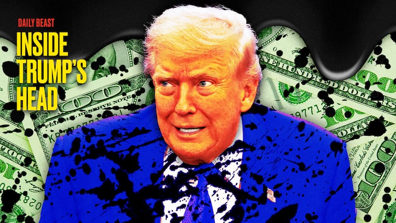 A photo illo illustration of Donald Trump, oil, and money for the Inside Trump's Head podcast.
