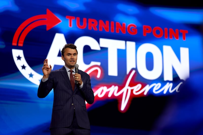 WEST PALM BEACH, FLORIDA - JULY 15: Founder and executive director of Turning Point USA Charlie Kirk speaks at the opening of the Turning Point Action conference on July 15, 2023 in West Palm Beach, Florida. Former President Donald Trump is scheduled to speak at the event held in the Palm Beach County Convention Center. (Photo by Joe Raedle/Getty Images)