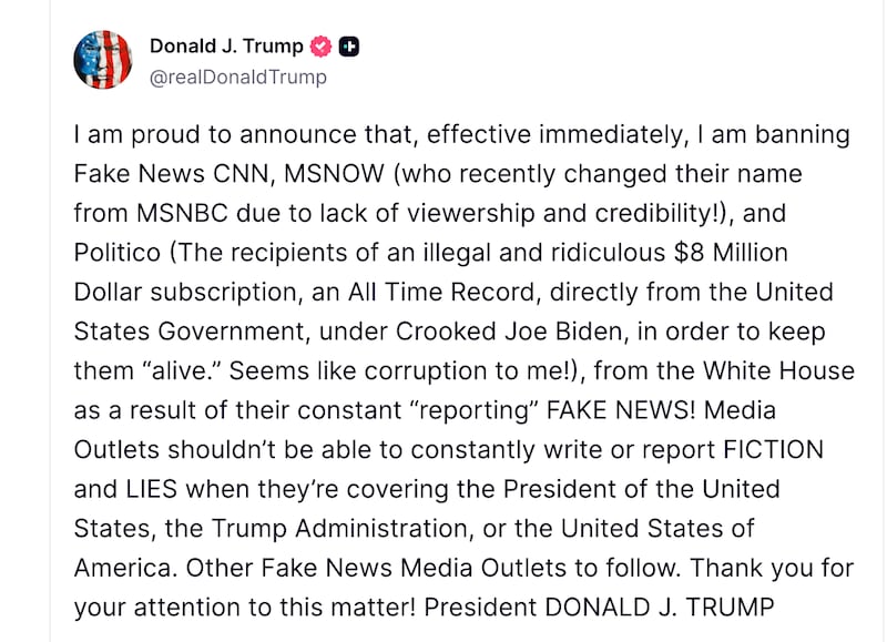 Trump warned more outlets could be banned.