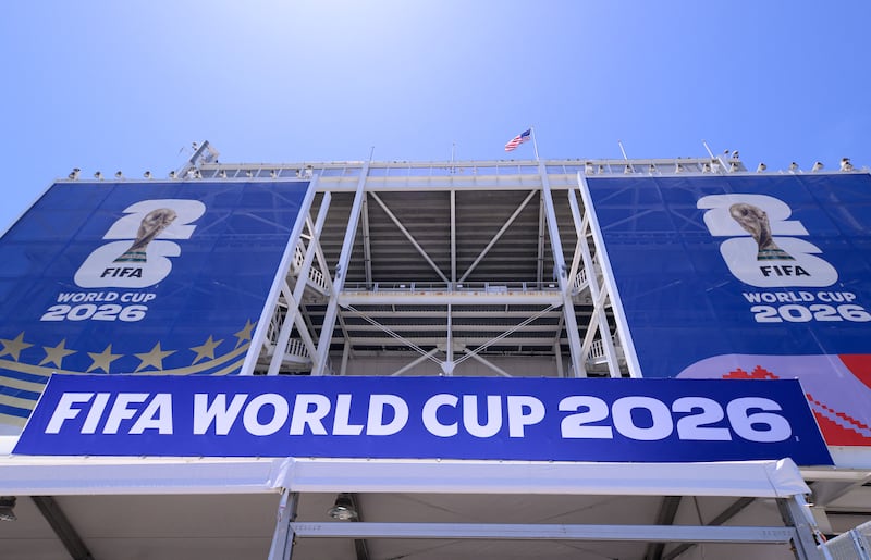 FIFA signage is seen at San Francisco Bay Area Stadium (temporarily renamed from Levi's Stadium) ahead of the 2026 FIFA World Cup in Santa Clara, California, on June 7, 2026. The stadium will host six matches for the FIFA World Cup 2026. (Photo by JOSH EDELSON / AFP via Getty Images)