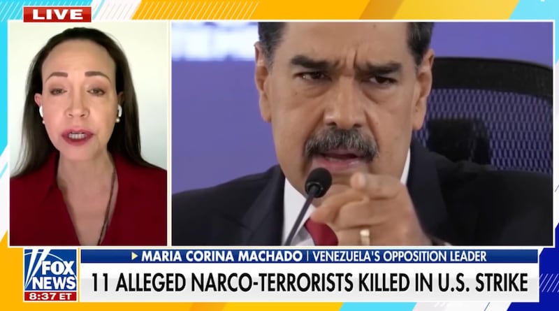 María Corina Machado praising Trump on Fox and Friends, alongside a photo of Maduro.