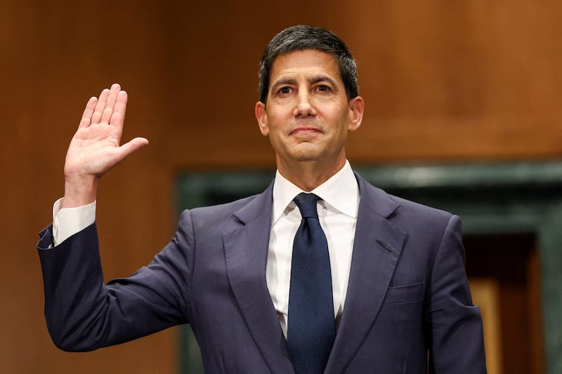 Kevin Warsh, President Donald Trump's nominee to be the next chair of the Federal Reserve, is sworn in to testify before the Senate Banking Committee on April 21, 2026.