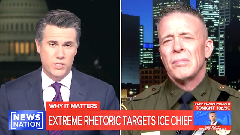 Gregory Bovino looks grim-faced as NewsNation host Leland Vittert tees up the Newsom clip.