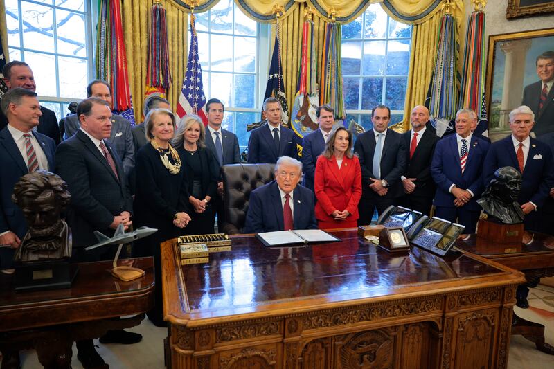 U.S. President Donald Trump  makes an announcement on changes to the country's fuel economy standards in the Oval Office at the White House on December 03, 2025 in Washington, DC.