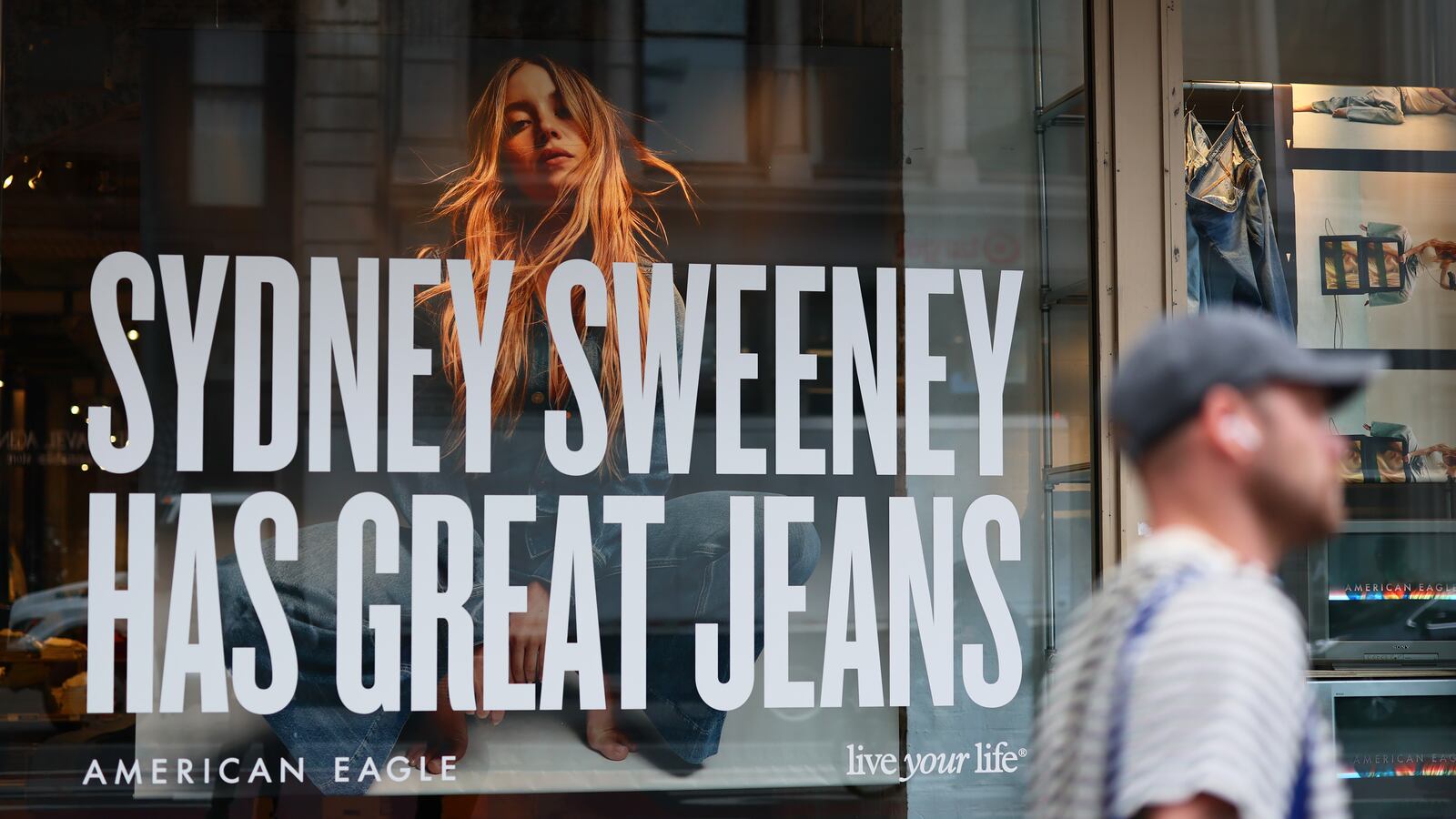 An ad of Sydney Sweeney is seen on a window of an American Eagle store on August 01, 2025 in New York City.