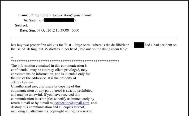 An email from Epstein claiming that the young Russian student with him had an accident on his island.