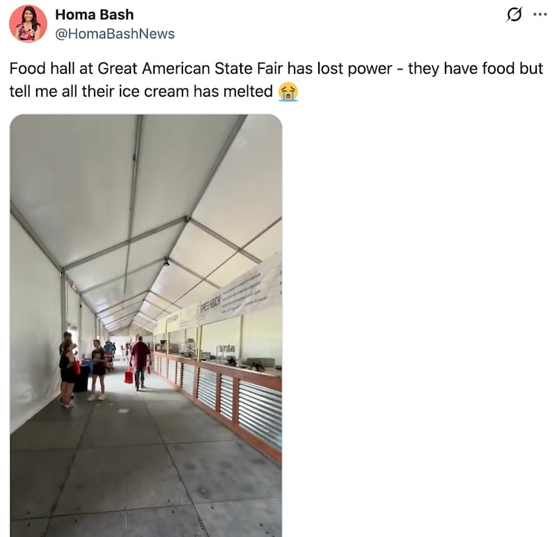 A power cut at the Great American State Fair food hall shared online.