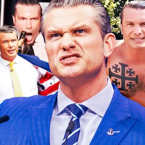 A photo composite of Secretary of Defense Pete Hegseth making a face during a press briefing, wearing an American flag lined suit, drinking champagne on Fox, and showing off his tattoos.