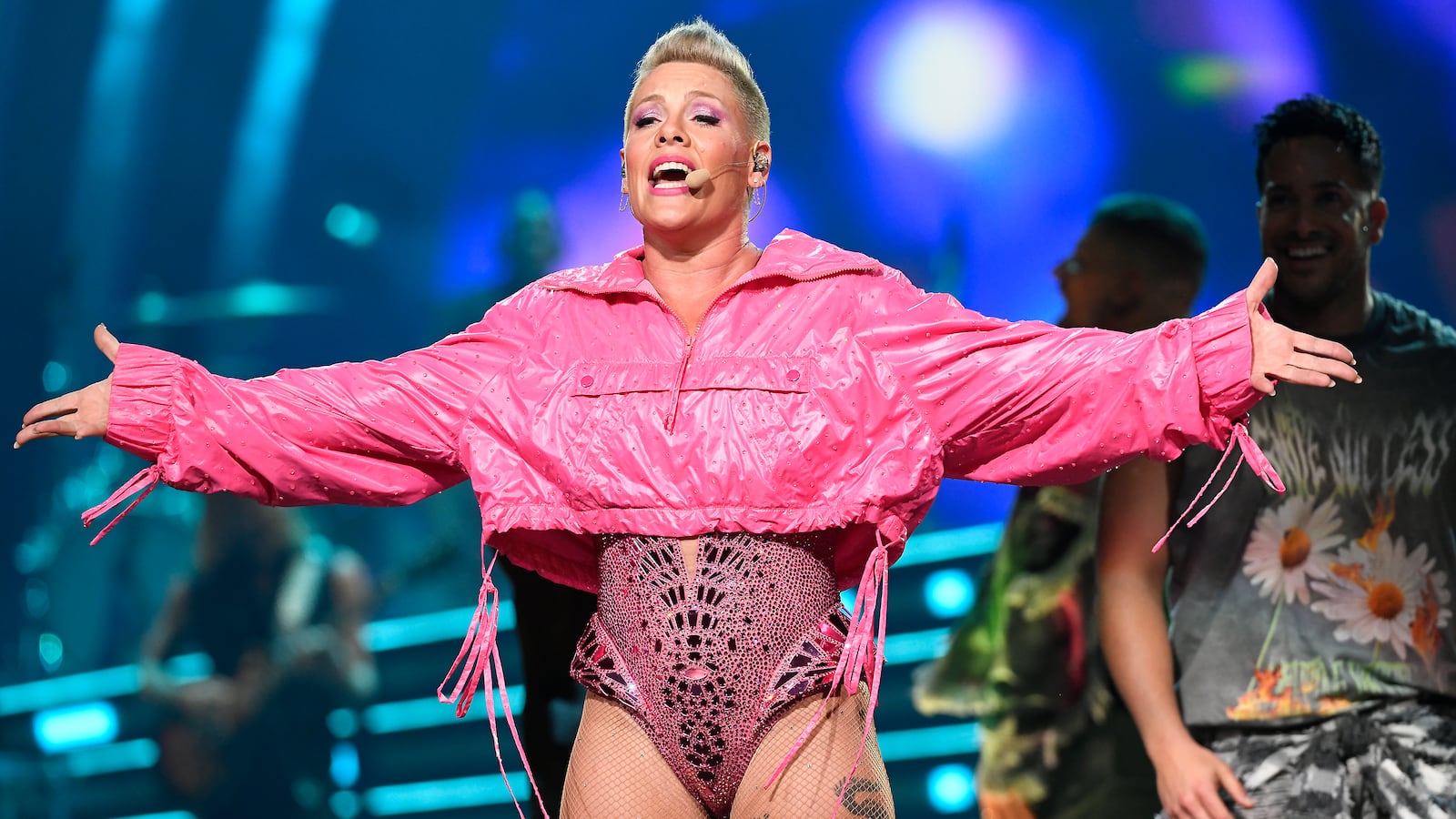 Pink performing at a Sacramento concert in 2023.