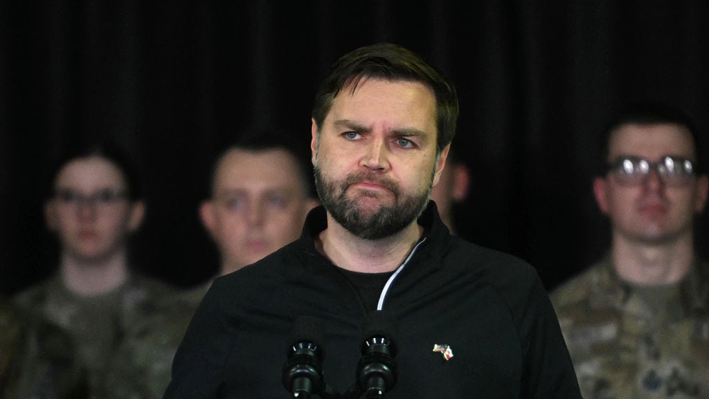 US Vice President JD Vance listens as he speaks at the US military's Pituffik Space Base in Greenland on March 28, 2025.