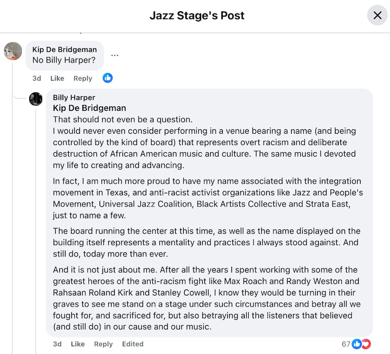 Billy Harper Facebook comment